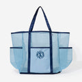 monogrammed mesh tote in navy seersucker