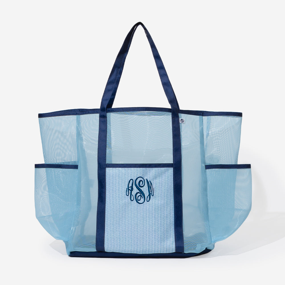 monogrammed mesh tote in navy seersucker