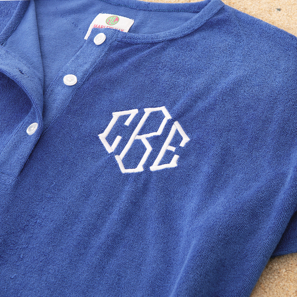 back of blue monogrammed terry cover up dress close up