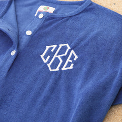 back of blue monogrammed terry cover up dress close up