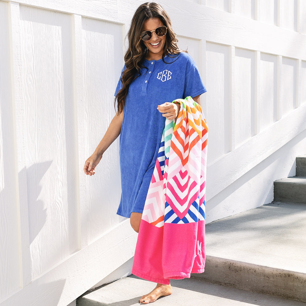 [Peyton] girl wearing monogrammed terry cover up dress with beach towel