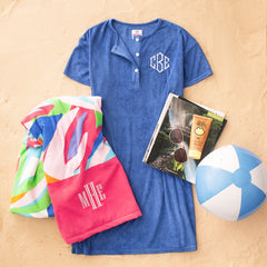 personalized blue terry cover up dress with beach towel