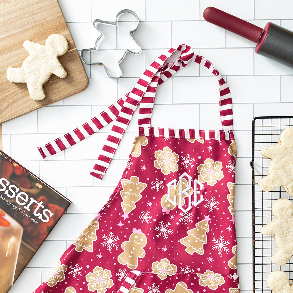 gingerbread jingle apron flatlay up close