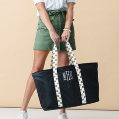 girl carrying monogrammed extra large tote bag in black ditsy diamond 
