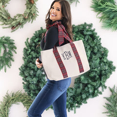 girl carrying monogrammed plaid tote in red plaid 