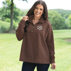 girl wearing chocolate collared half zip pullover 