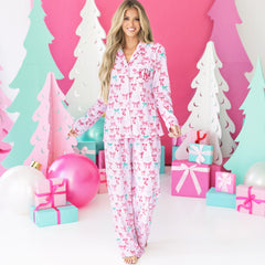 girl wearing christmas coquette monogrammed softspun pajama set
