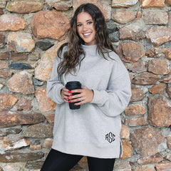 girl wearing heathered grey personalized mockneck sweatshirt 