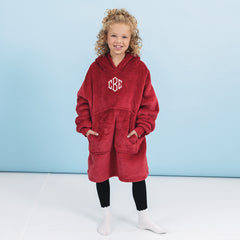 girl wearing kids personalized crimson blanket hoodie