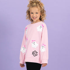 girl wearing light pink monogrammed kids sequin ghost sweatshirt 