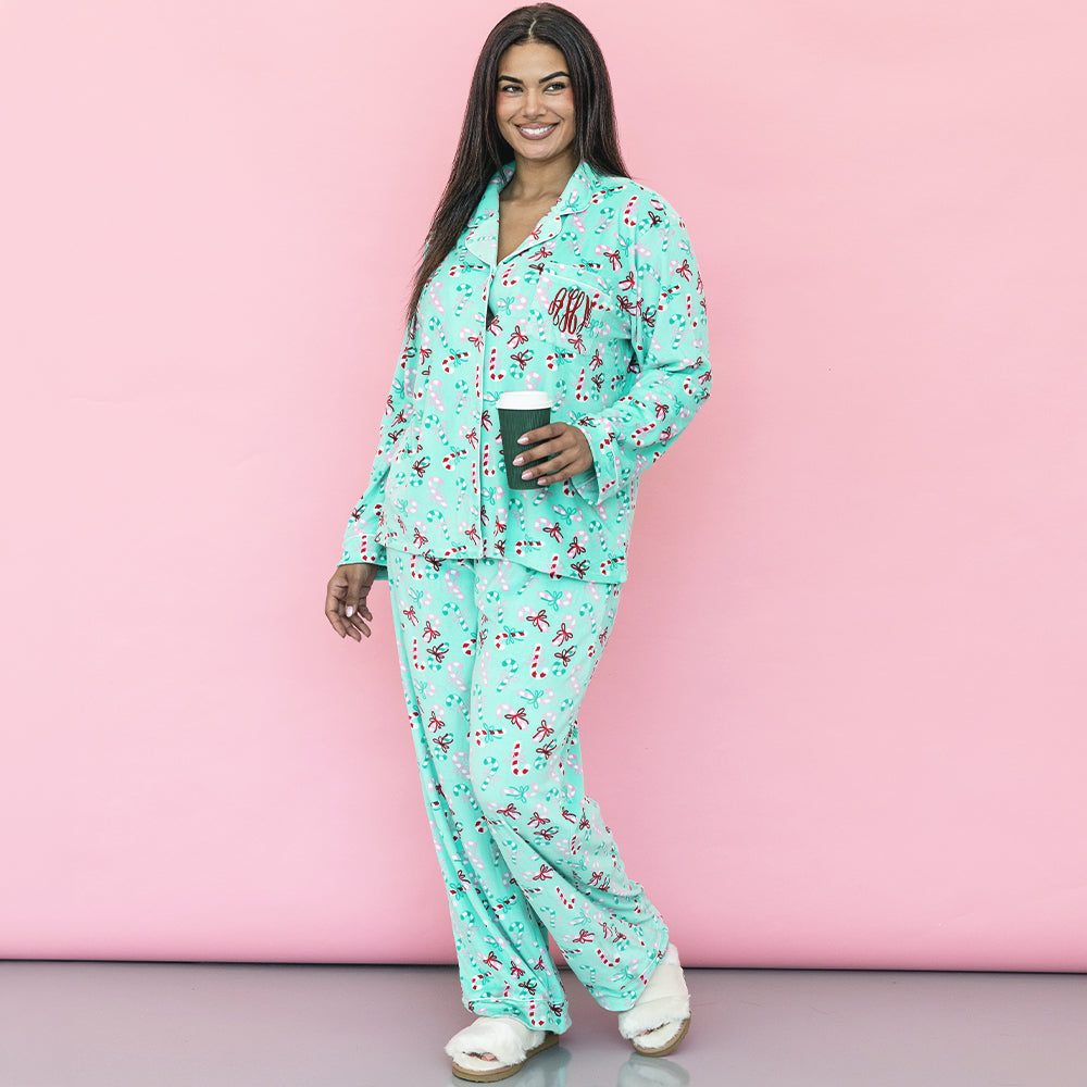 girl wearing merry mint personalized softspun pajama set