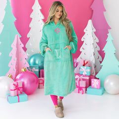 girl wearing mint monogrammed xl blanket hoodie 
