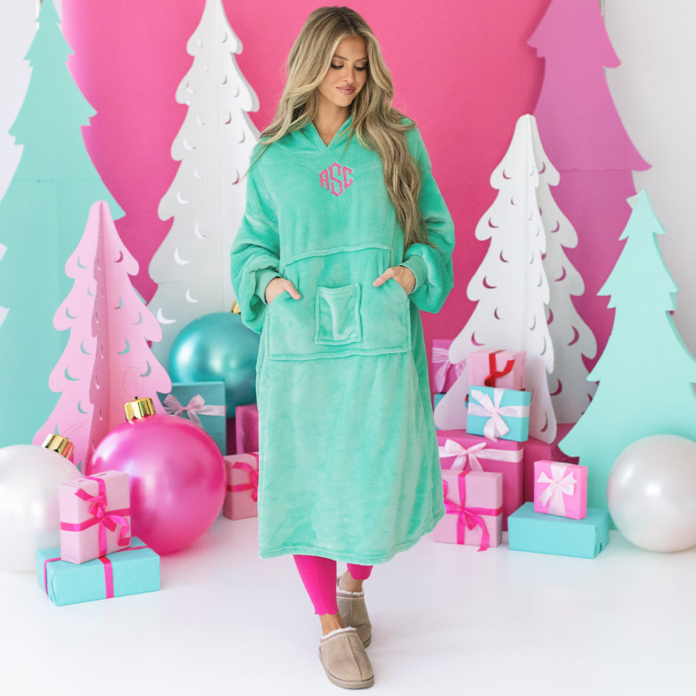 [rachel] girl wearing mint monogrammed xl blanket hoodie 