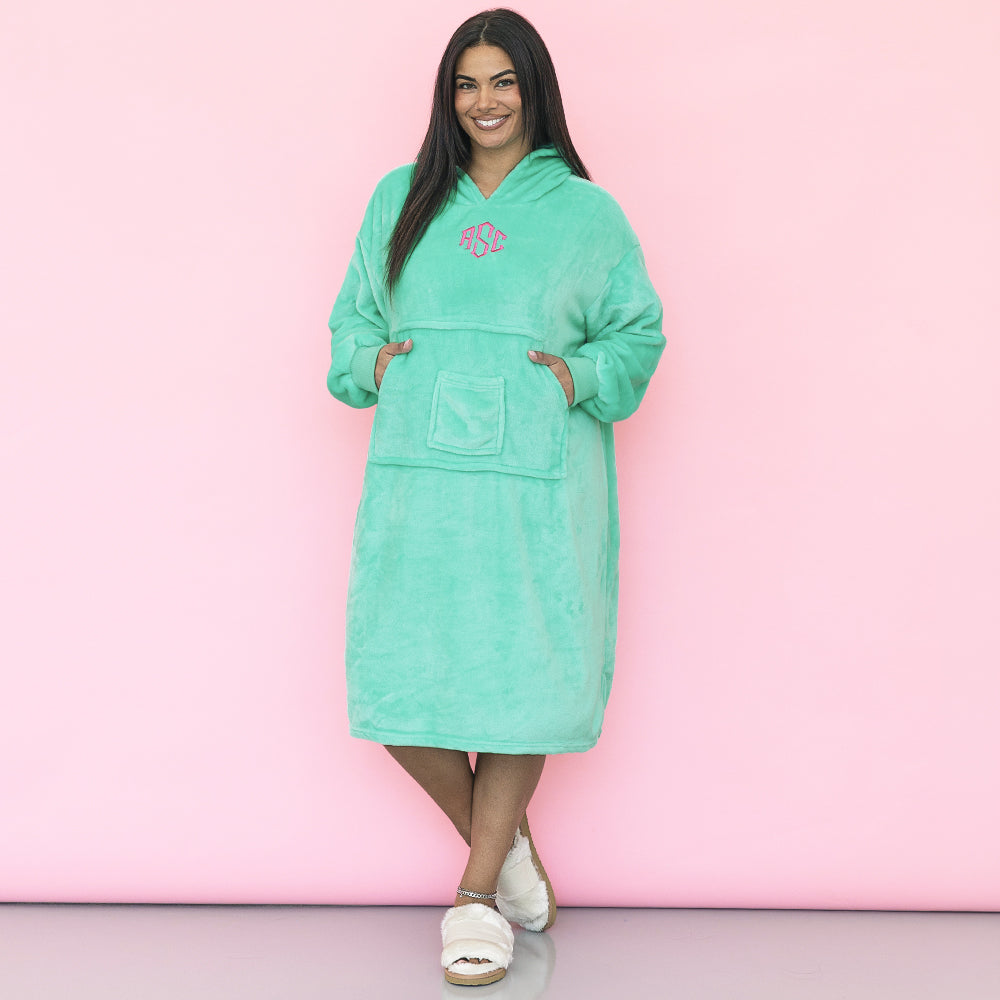 girl wearing mint personalized xl blanket hoodie 