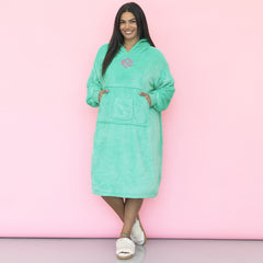 girl wearing mint personalized xl blanket hoodie 