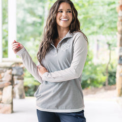 girl wearing monogrammed heathered grey monogrammed essential pullover 