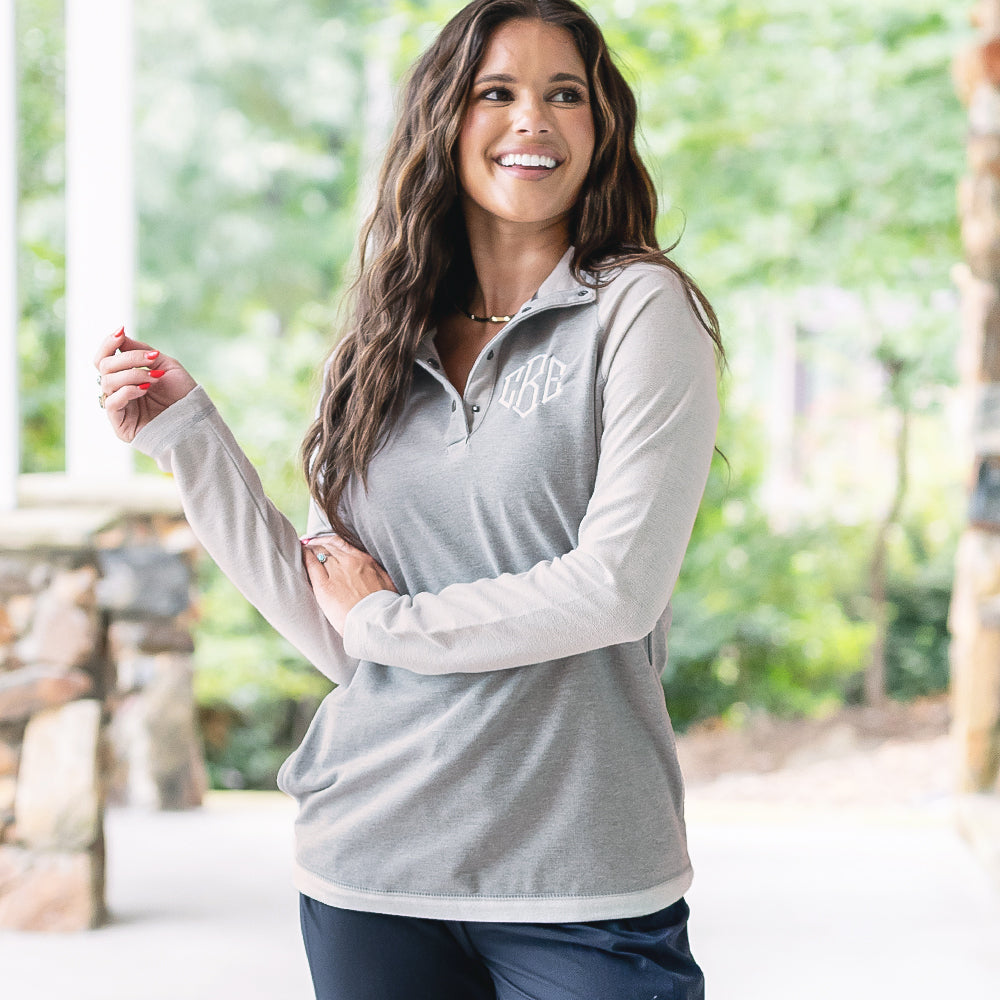 girl wearing monogrammed heathered grey monogrammed essential pullover 