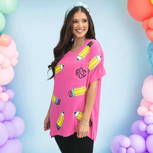 [peyton] girl wearing monogrammed sequin teacher tee in hot pink 