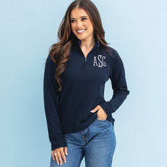girl wearing navy personalized lightweight waffle quarter zip pullover 