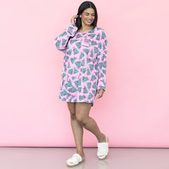 girl wearing personalized pink christmas trees nightgown 