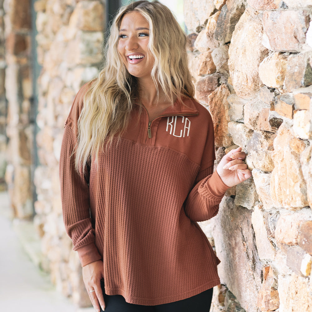 girl wearing personalized spice waffle knit pullover with leggings 
