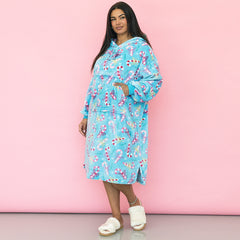 girl wearing personalized xl blanket hoodie in candy cane cutie with slippers