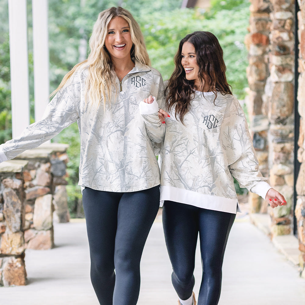 girls wearing personalized quarter zip sweatshirt and oversized sweatshirt in birch camo 