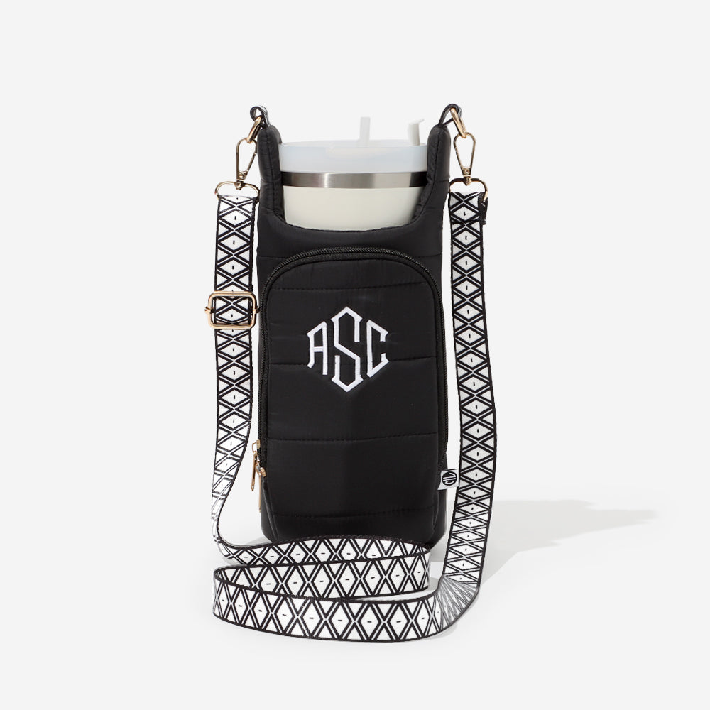 monogrammed water bottle holder in black quilted