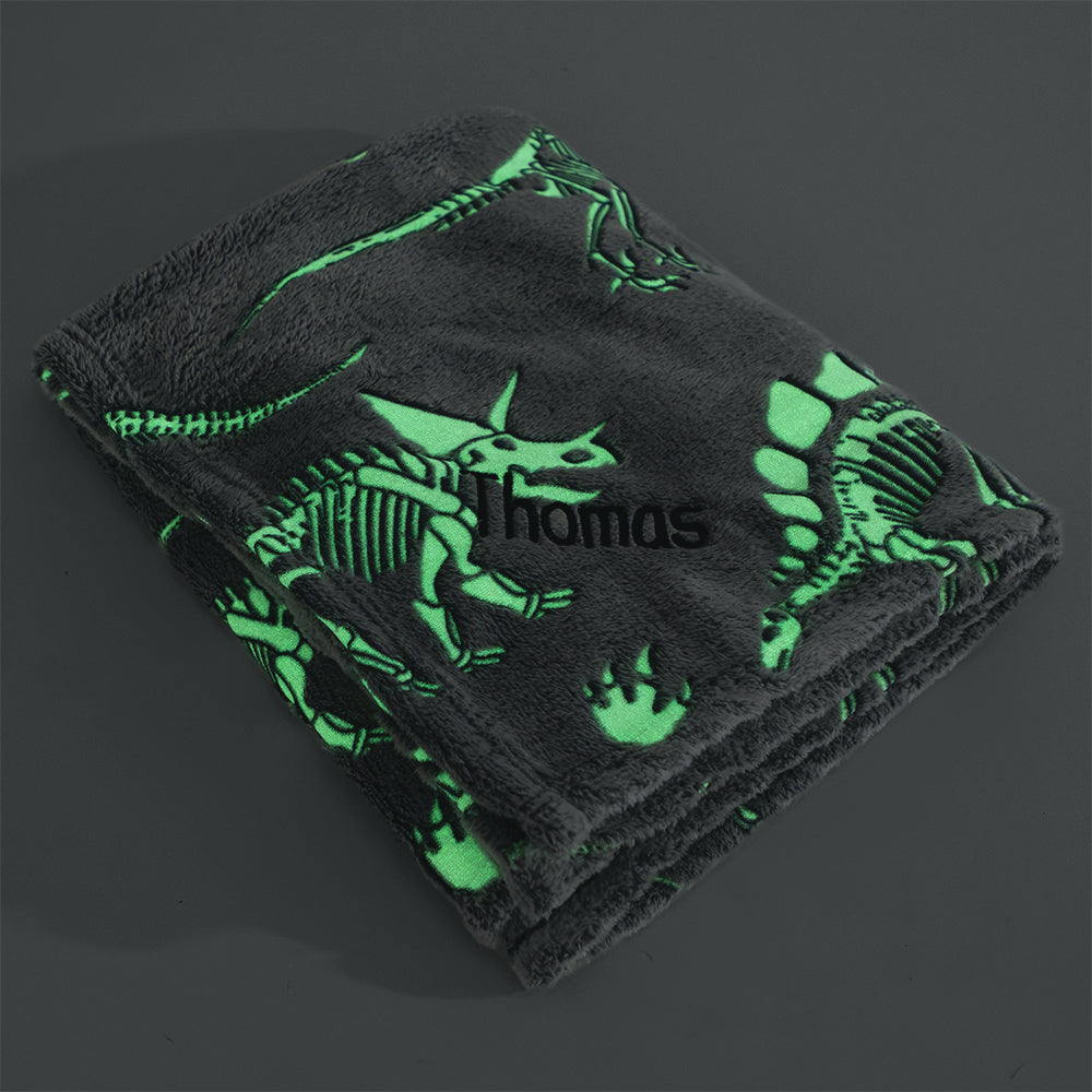 glow in the dark dinosaurs skeletons personalized kids plush blanket 