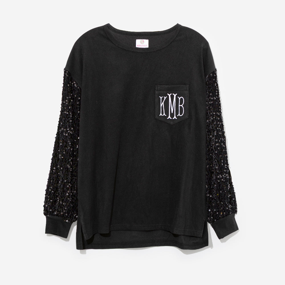 Monogrammed Sequin Sleeve Sweatshirt in Solid Black