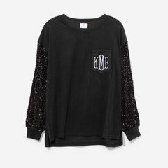 Monogrammed Sequin Sleeve Sweatshirt in Solid Black