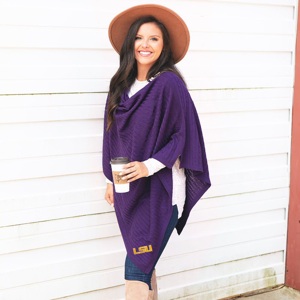 [megan] lsu purple monogrammed poncho with riding boots side