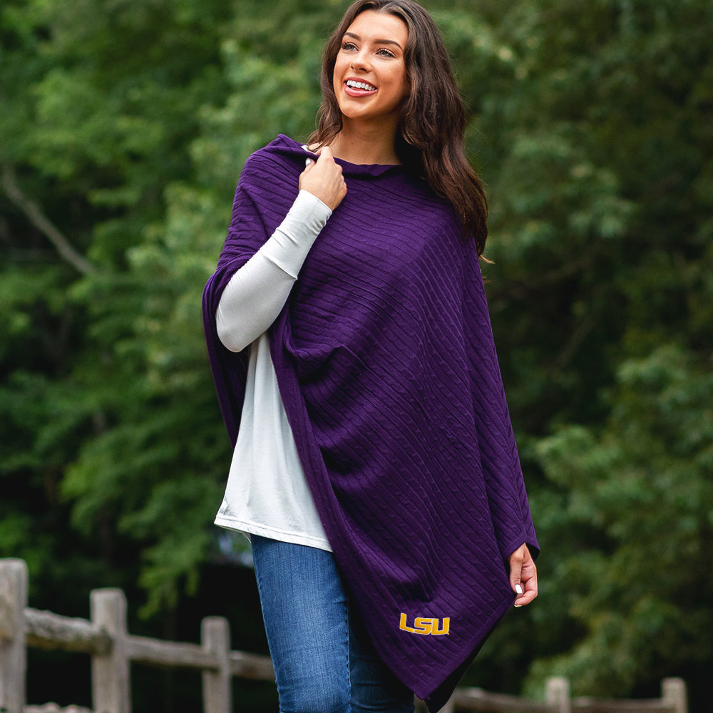 lsu purple monogrammed poncho with riding boots side