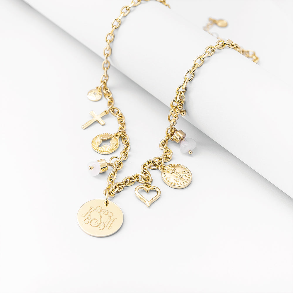 gold signature charm necklace on white