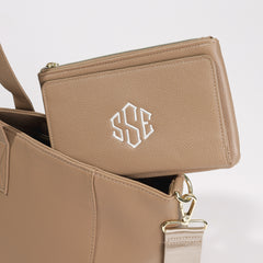 tan phone wallet with tote close up image