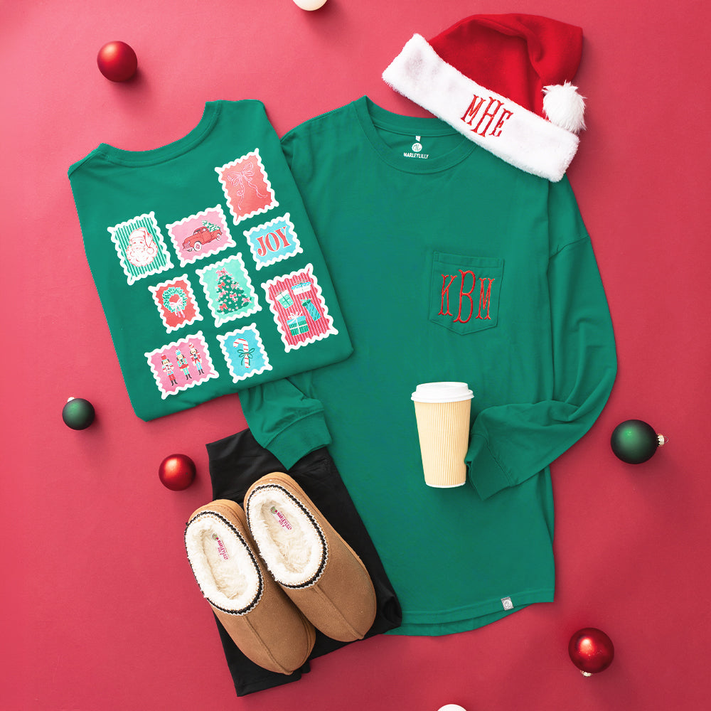 green christmas t-shirt flatlay