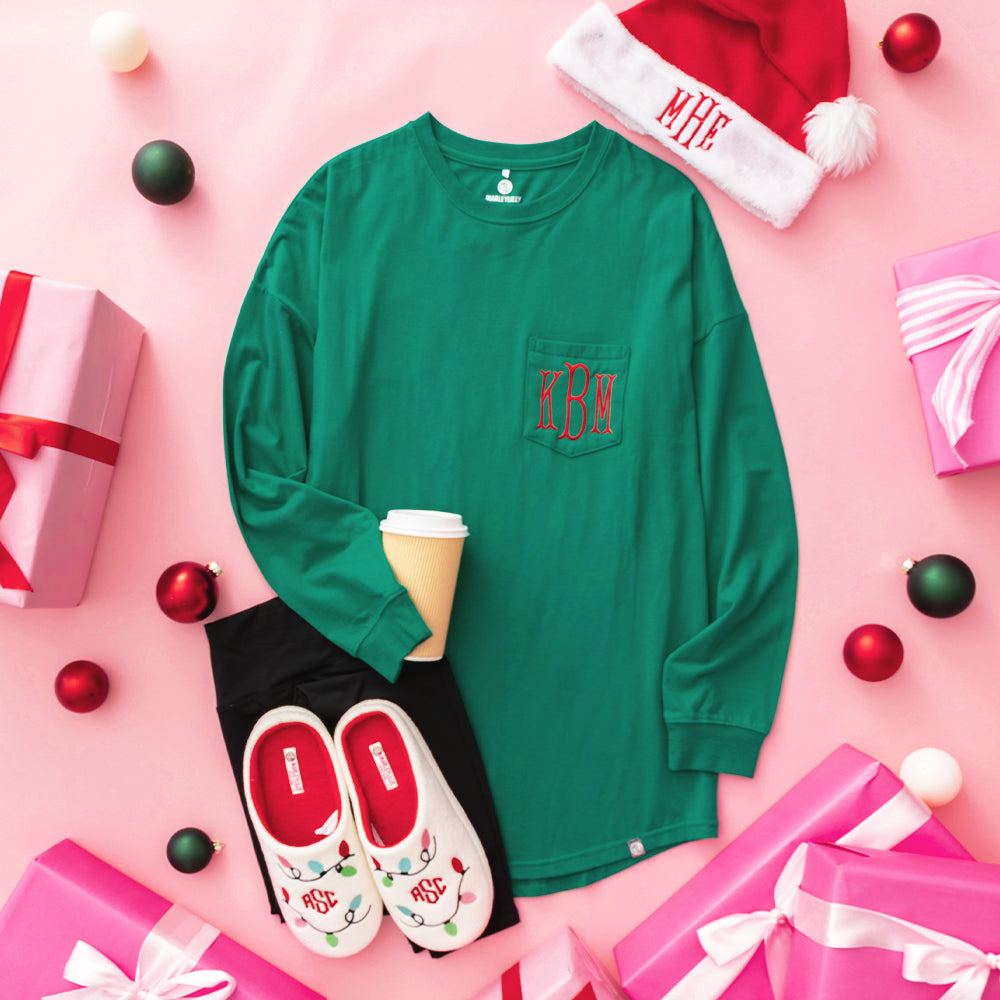 green long sleeve t-shirt flatlay