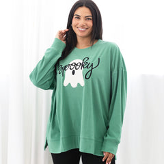 green spooky sweatshirt on julia ann