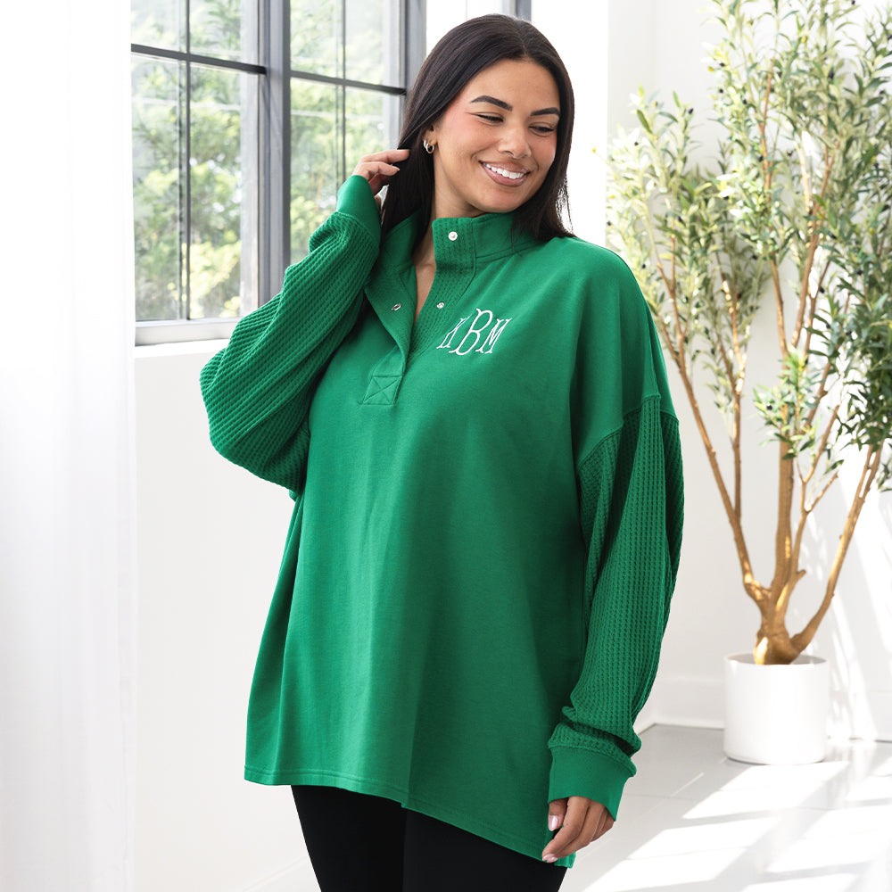 green waffle snap pullover on julia ann