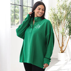 green waffle snap pullover on julia ann