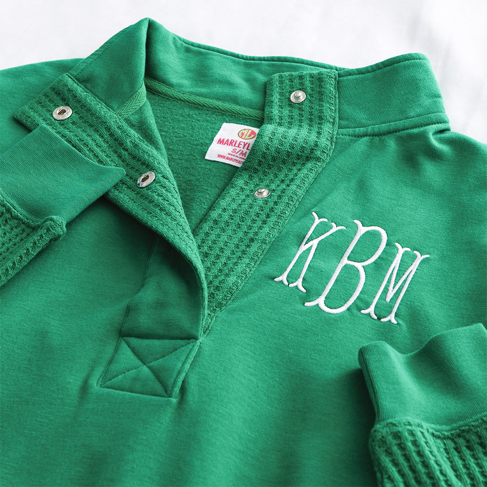 green waffle snap pullover up close