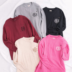 grey crimson oatmeal hot pink and black monogrammed crewneck sweatshirts
