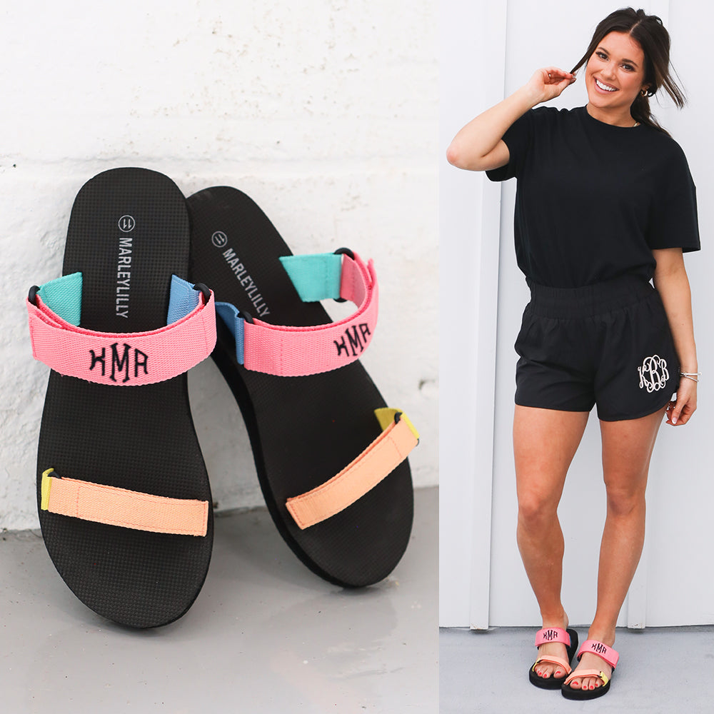 summer slides with athleisure shorts