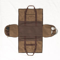 waxed canvas convertible weekend bag flatlay