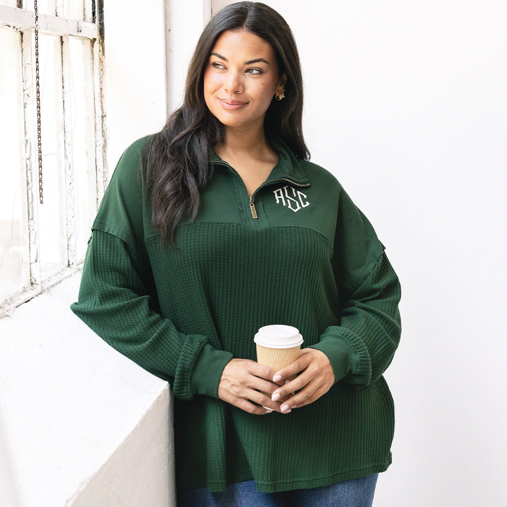 [julia ann] girl wearing pine monogrammed waffle knit pullover with jeans