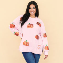 pink pumpkins sequin fall sweatshirt on julia ann