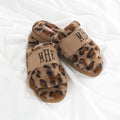 monogrammed fuzzy slippers in leopard