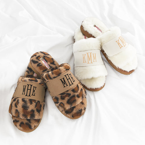 monogrammed leopard and ivory fuzzy slippers