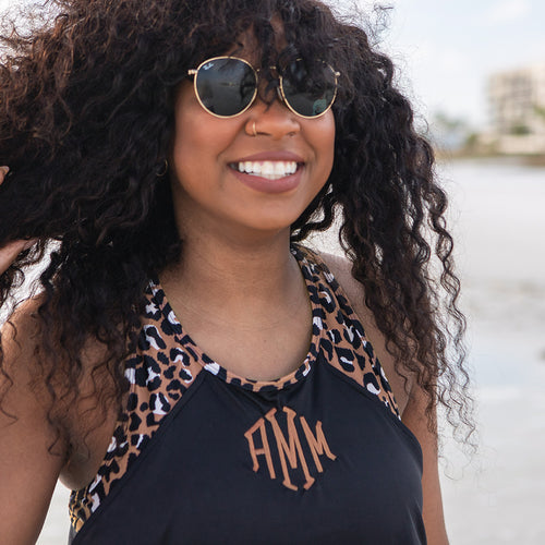 [mia] close up of cheetah monogrammed tankini