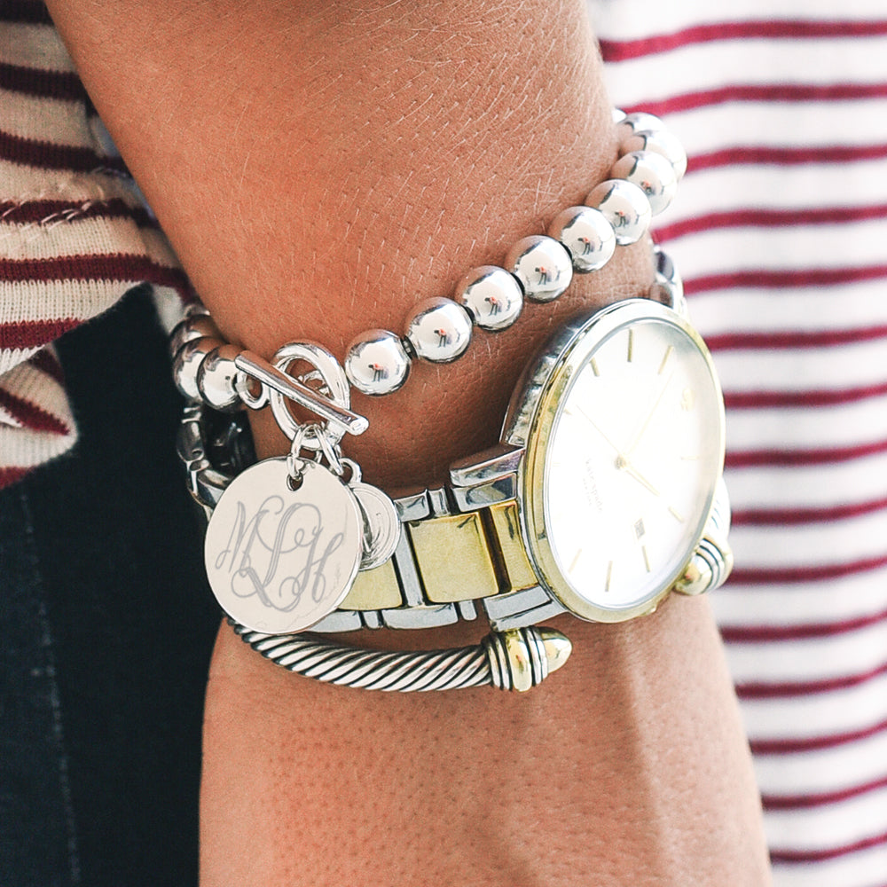 monogrammed silver ball bracelet with watch